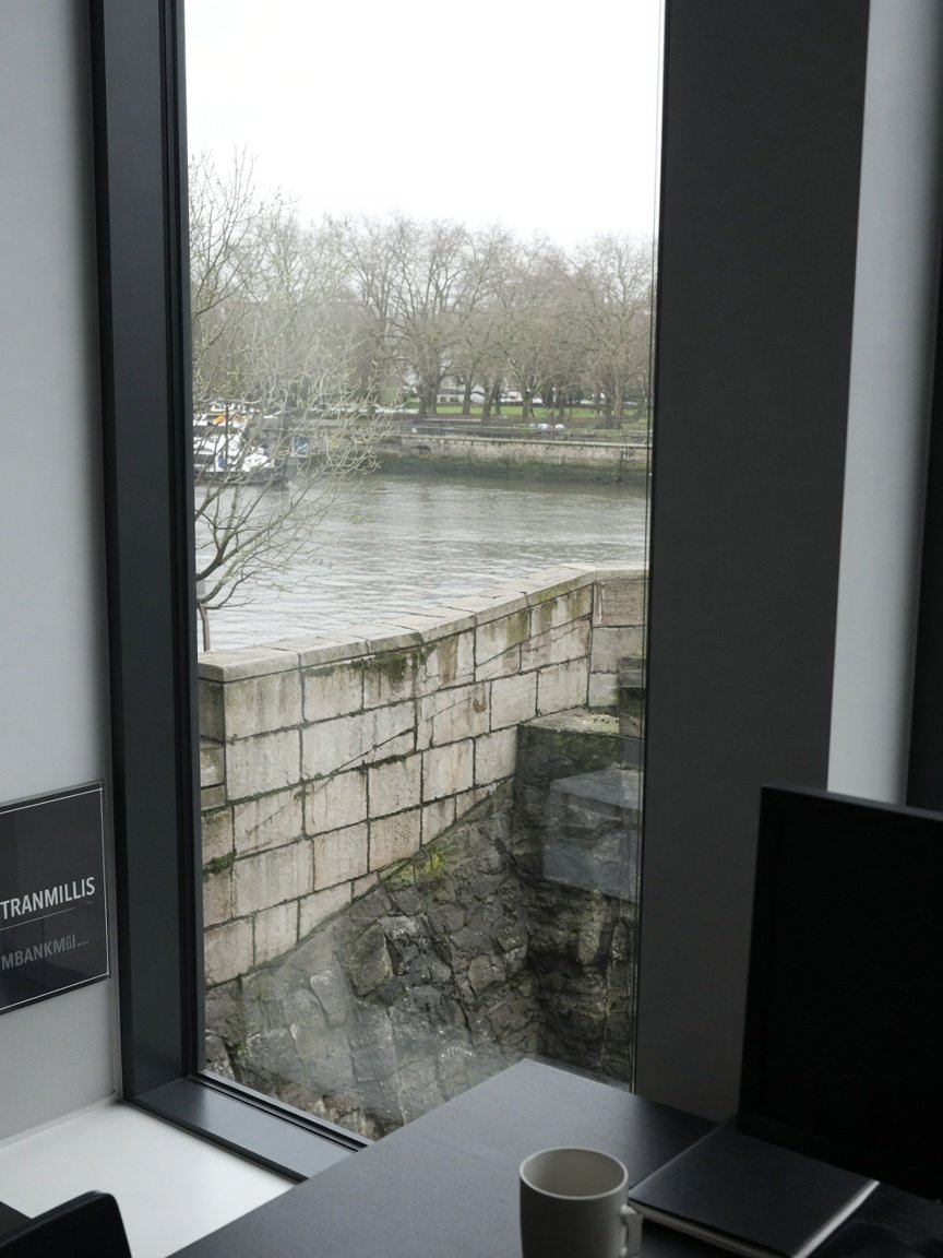 Daylight on the Belfast riverside seen through office glass