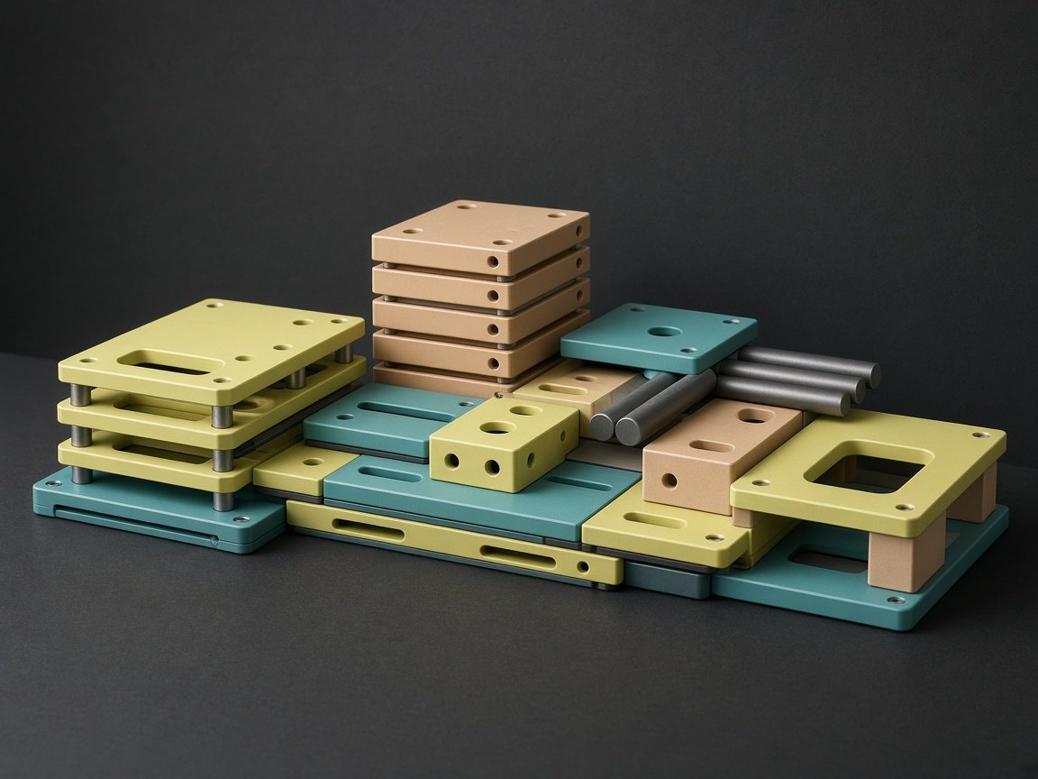 Modular technical components assembled on a dark studio table