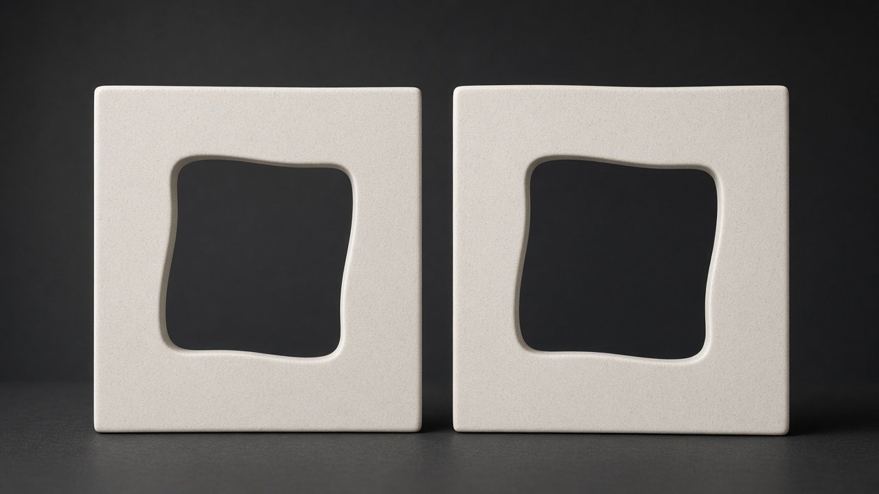 Two ceramic tiles with matched apertures on a charcoal ground