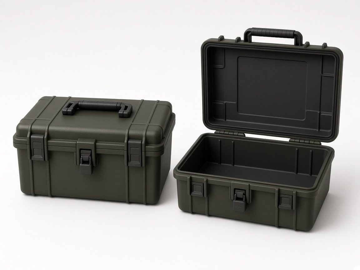 A closed metal case beside an identical open empty case